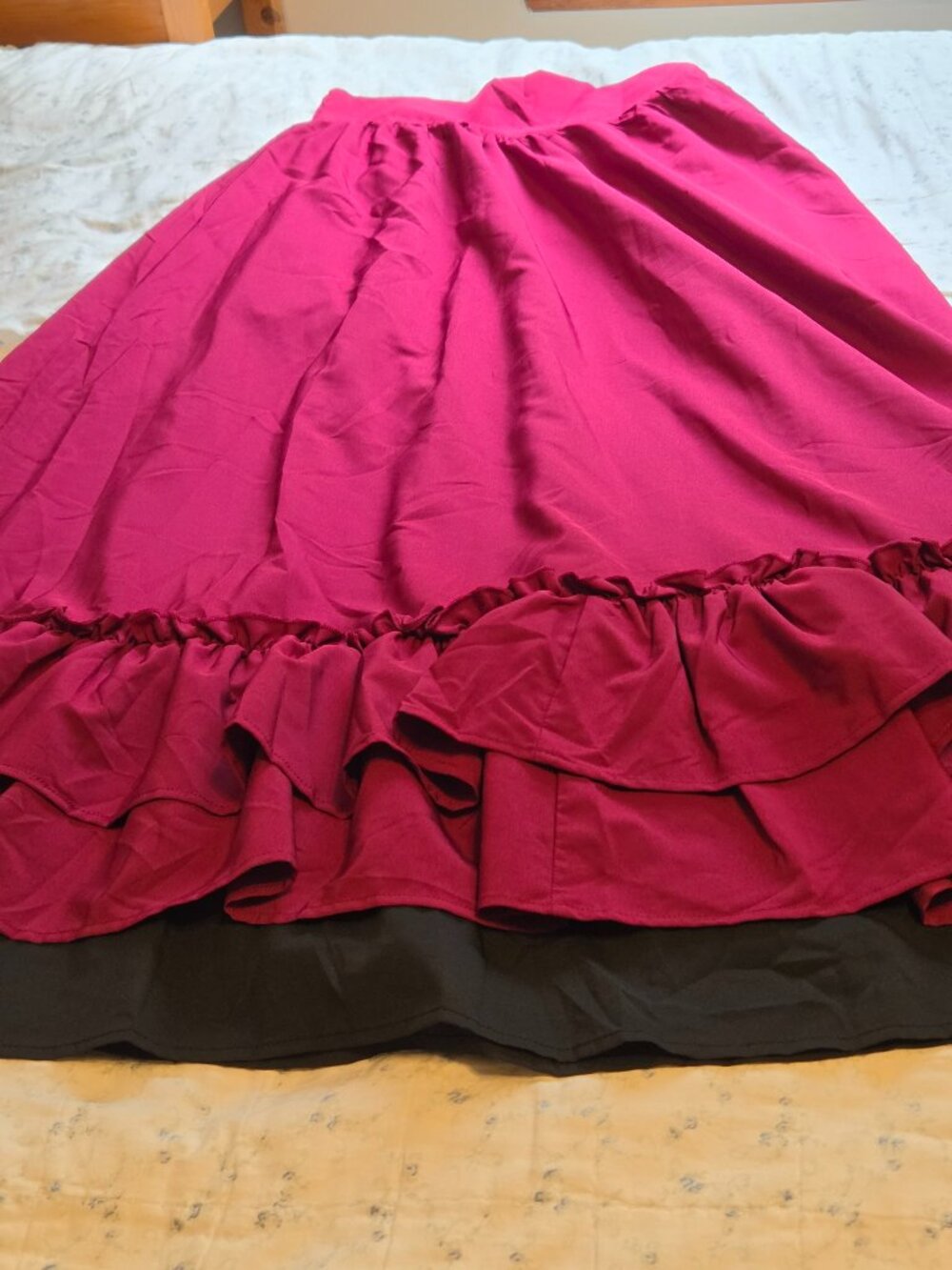 Women's Ruffled Hem Maxi Skirt - DEEP BURGUNDY W RUFFLED VICTORIAN STYLE M-L - Picture 8 of 10